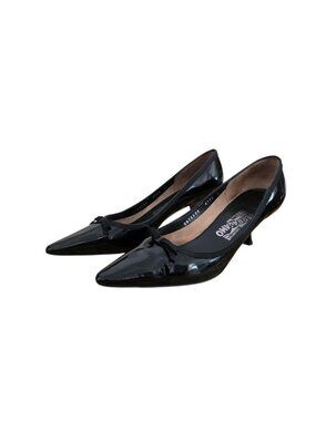Salvatore Ferragamo Patent Leather Bow Pointy Toe Kitten Heel Black 9 C